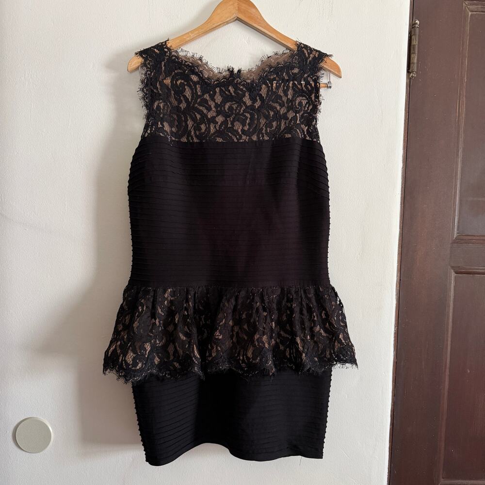 TADASHI SHOJI Black Lace Pintuck Peplum Cocktail Bandage Dress 2023 Extra Large